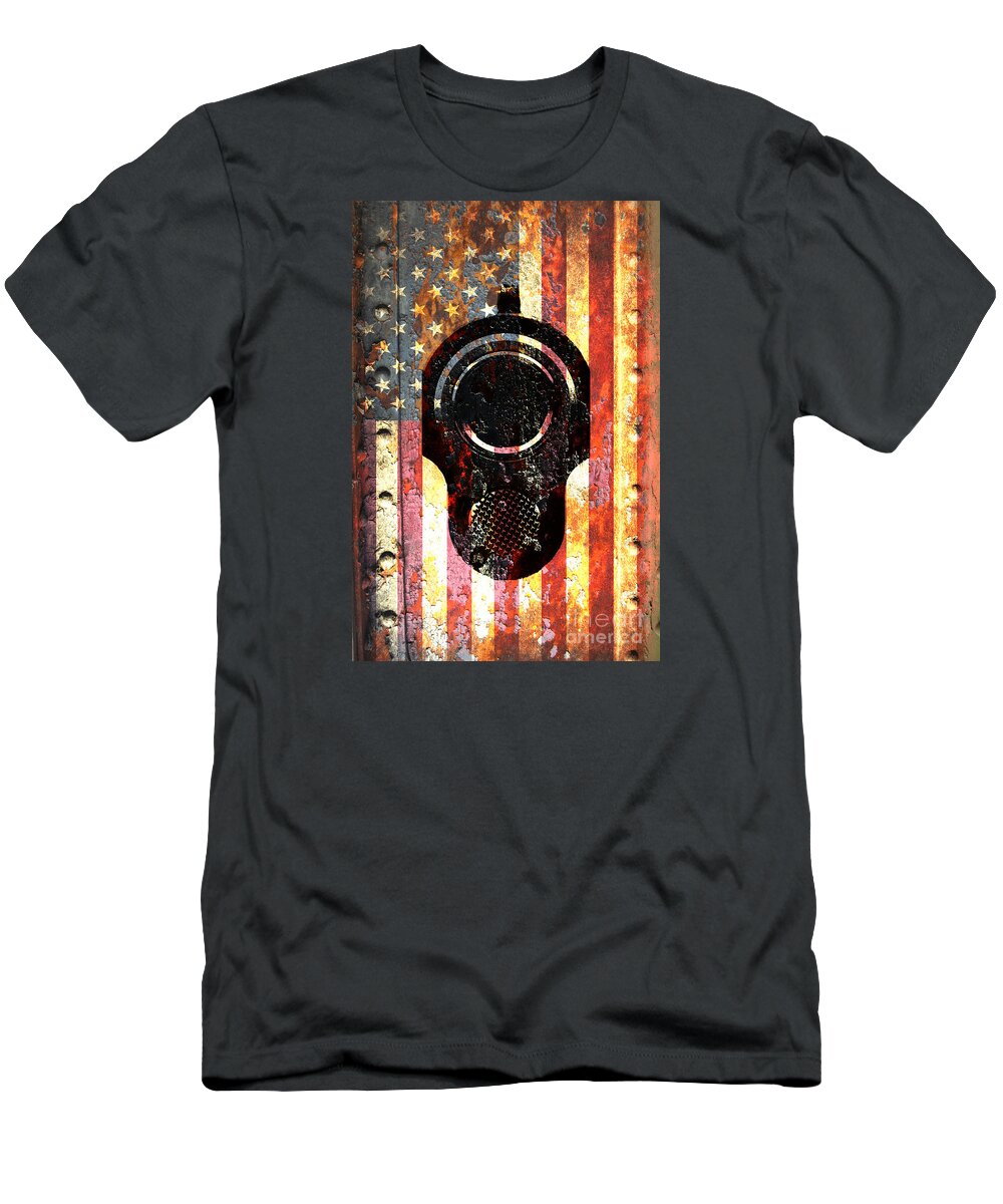 M1911 T-Shirt featuring the digital art M1911 Colt 45 On Rusted American Flag by M L C