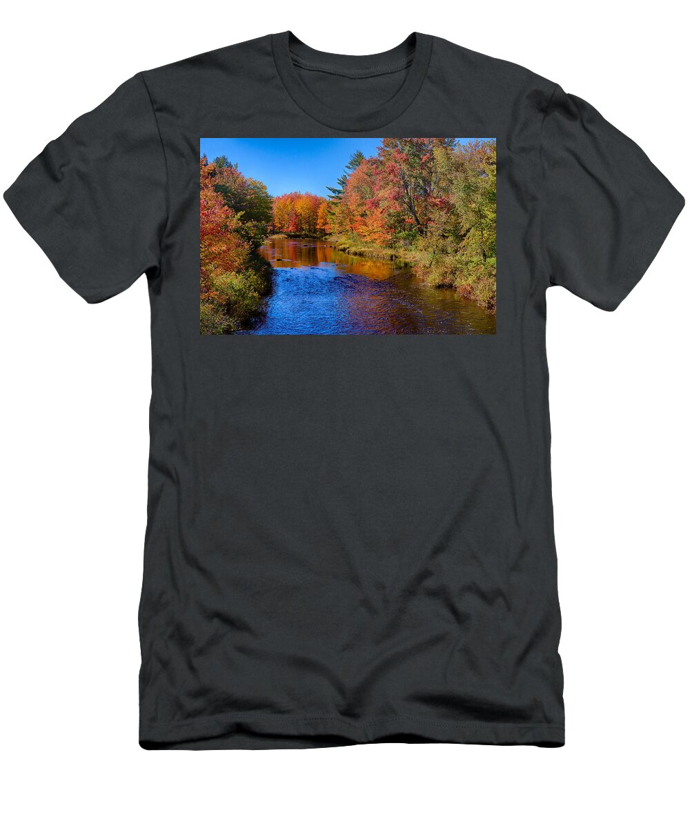 Maine Fall Colors T-Shirt featuring the photograph Maine brook in Afternoon with fall color reflection by Jeff Folger