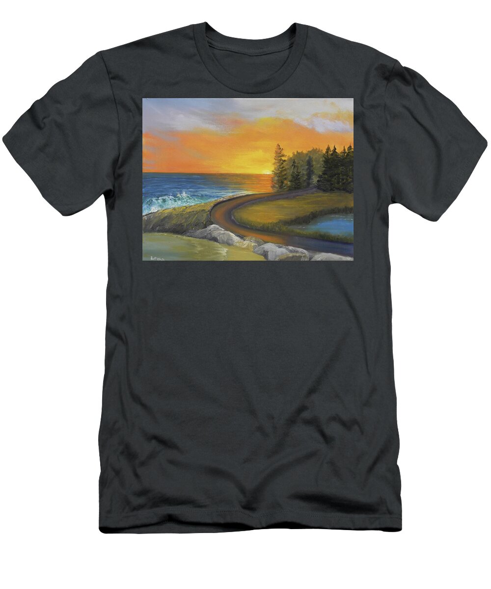 Sunrise Maine Ocean Seascape Landscape Waves Rocks Orange Sky T-Shirt featuring the painting Maine Ocean Sunrise by Scott W White