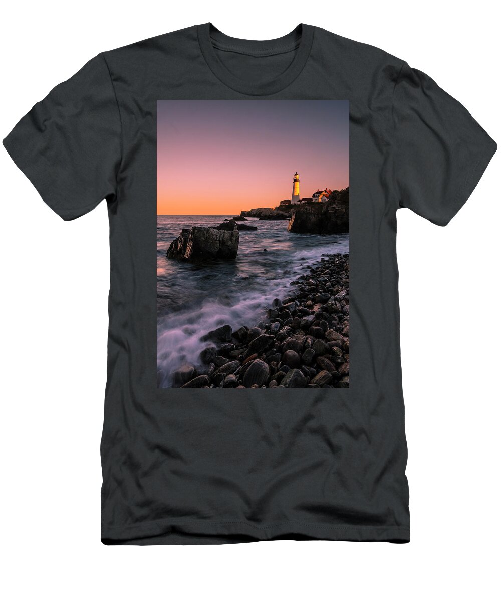Maine T-Shirt featuring the photograph Maine Portland Headlight Sunset by Ranjay Mitra