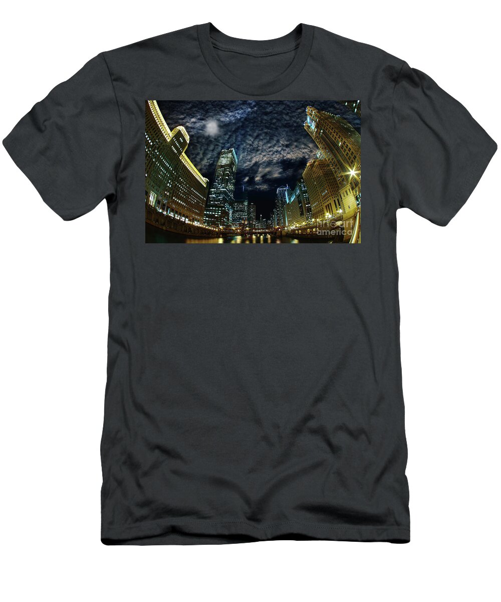 Lens Flare T-Shirt featuring the photograph Majestic Chicago - Windy City Riverfront at Night by Bruno Passigatti