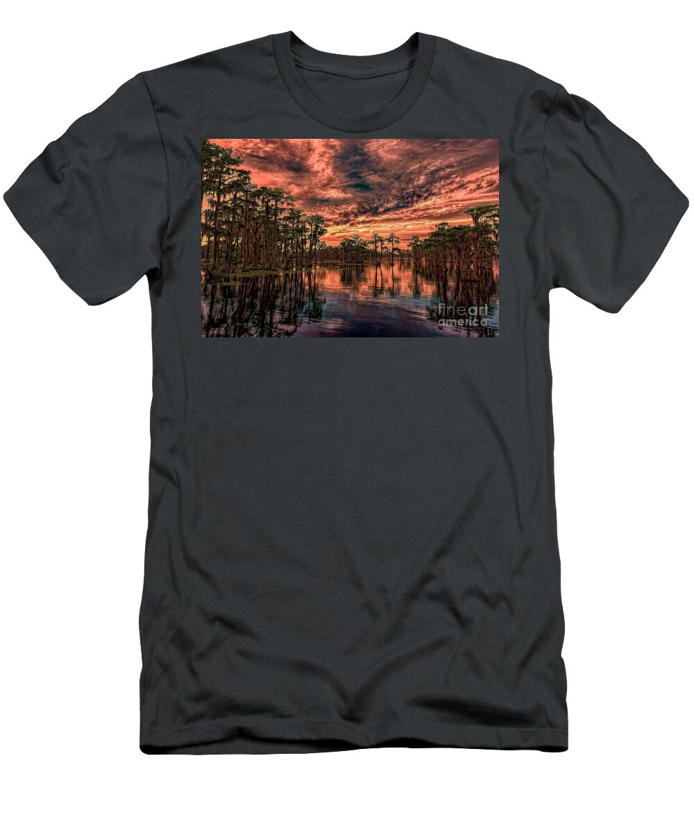 Sunsets T-Shirt featuring the photograph Majestic Cypress Paradise Sunset by DB Hayes