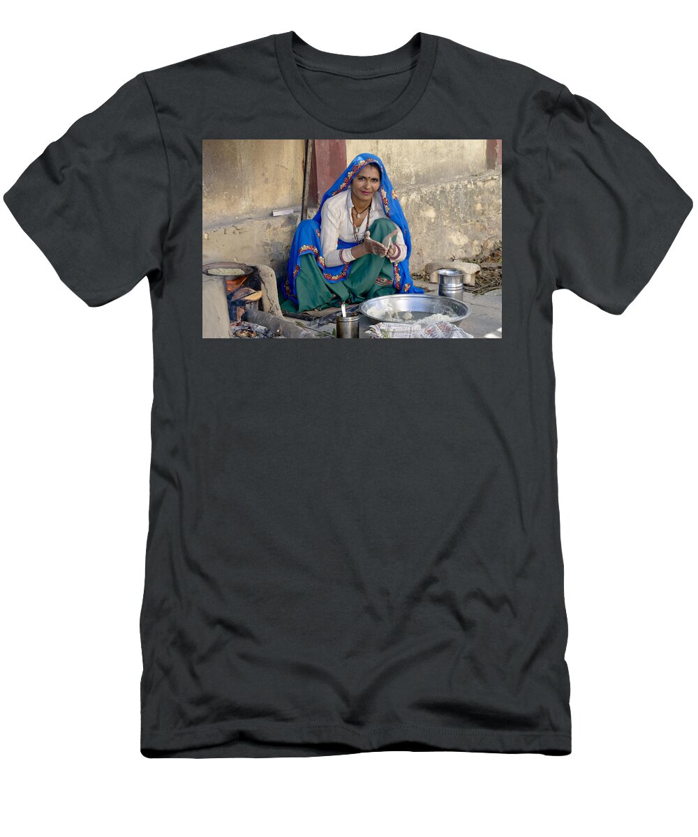 India T-Shirt featuring the photograph Making Bread at the Roadside. by Elena Perelman