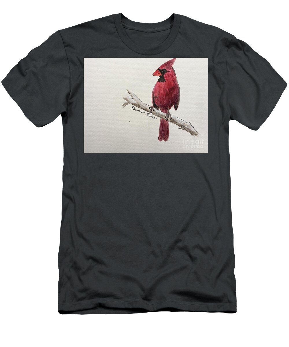 Cardinal T-Shirt featuring the painting Male Cardinal in winter by Thomas Janos