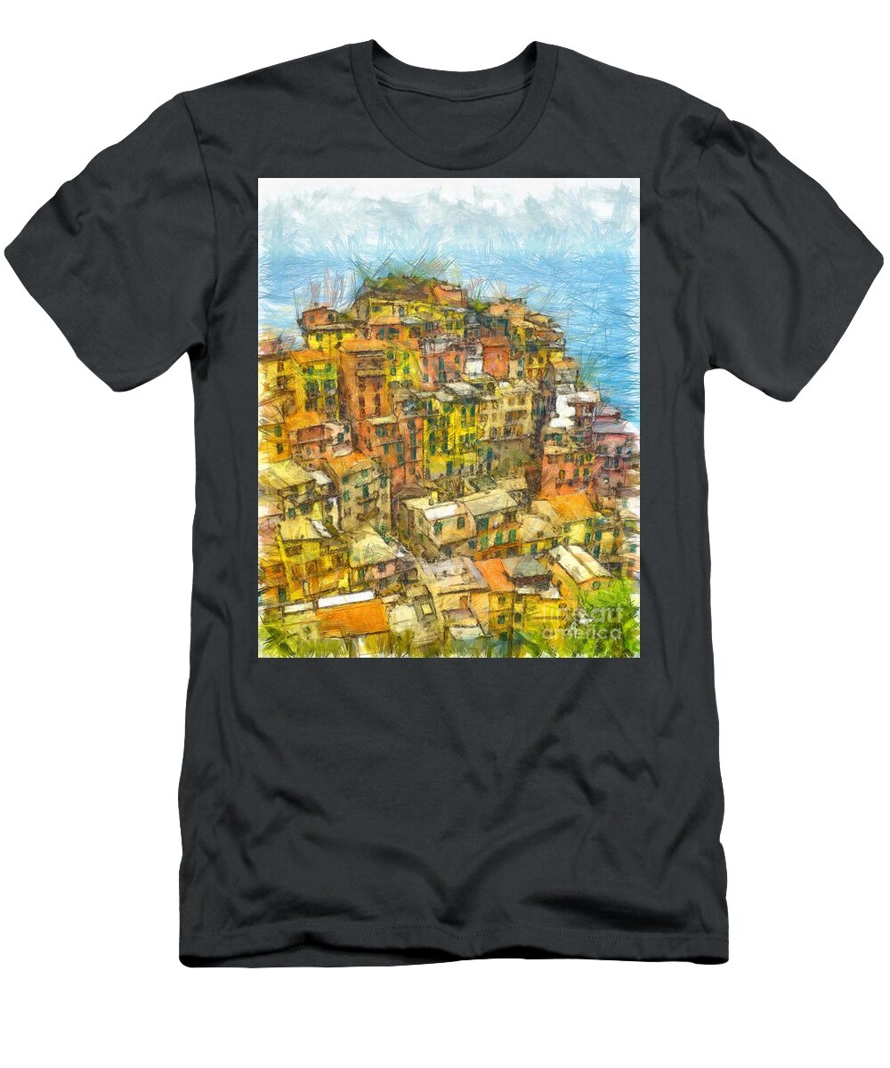Cinque T-Shirt featuring the photograph Manarola Cinque Terra City Pencil by Edward Fielding