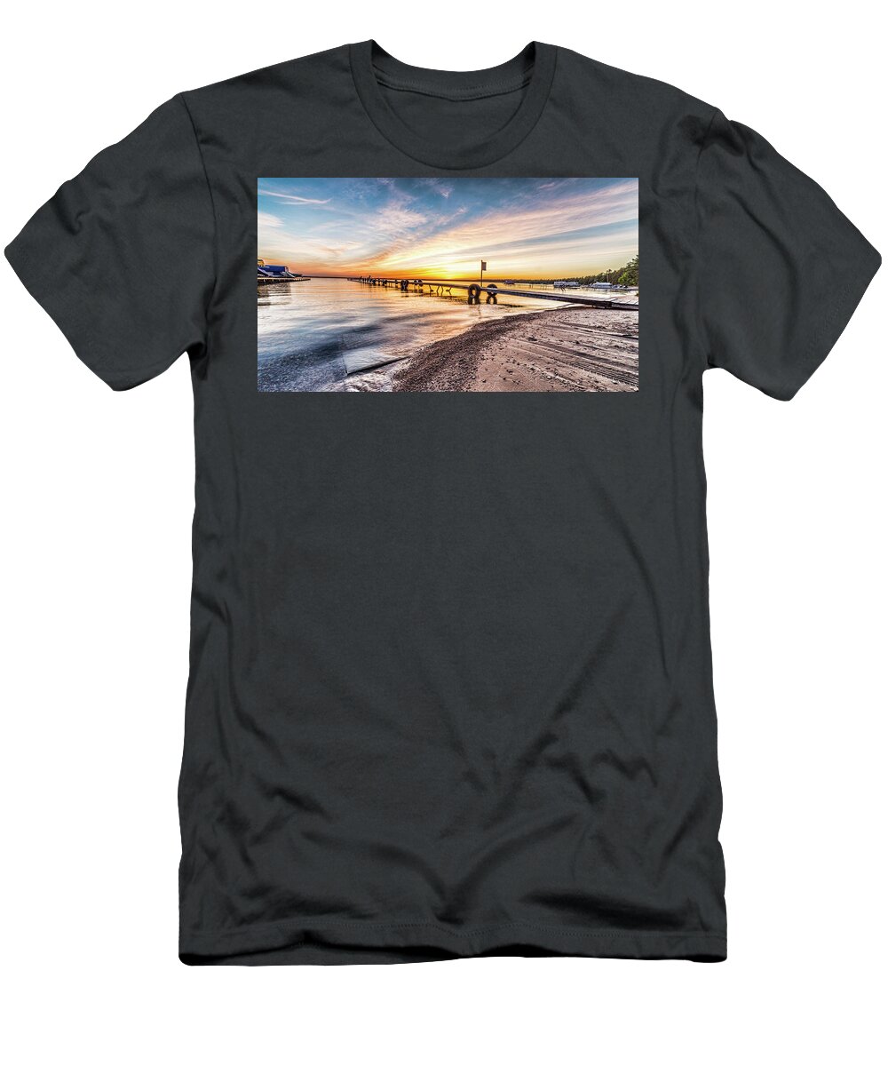 Higgins Lake T-Shirt featuring the photograph Maplehurst Dock Higgins Lake sunset by Joe Holley