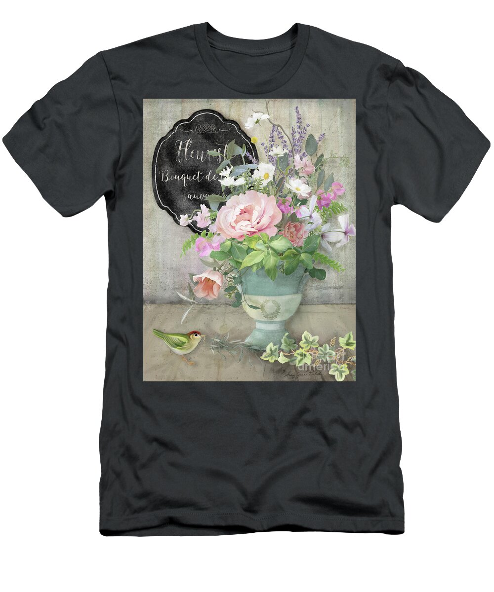 Marche Aux Fleurs T-Shirt featuring the painting Marche aux Fleurs 3 Peony Tulips Sweet Peas Lavender and Bird by Audrey Jeanne Roberts