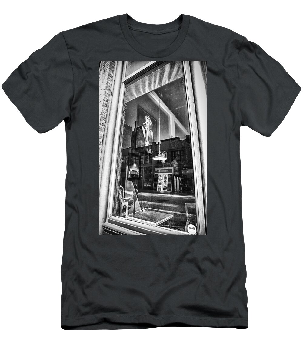 Coffee Shop T-Shirt featuring the photograph Marilyn Through The Window by Theresa Tahara