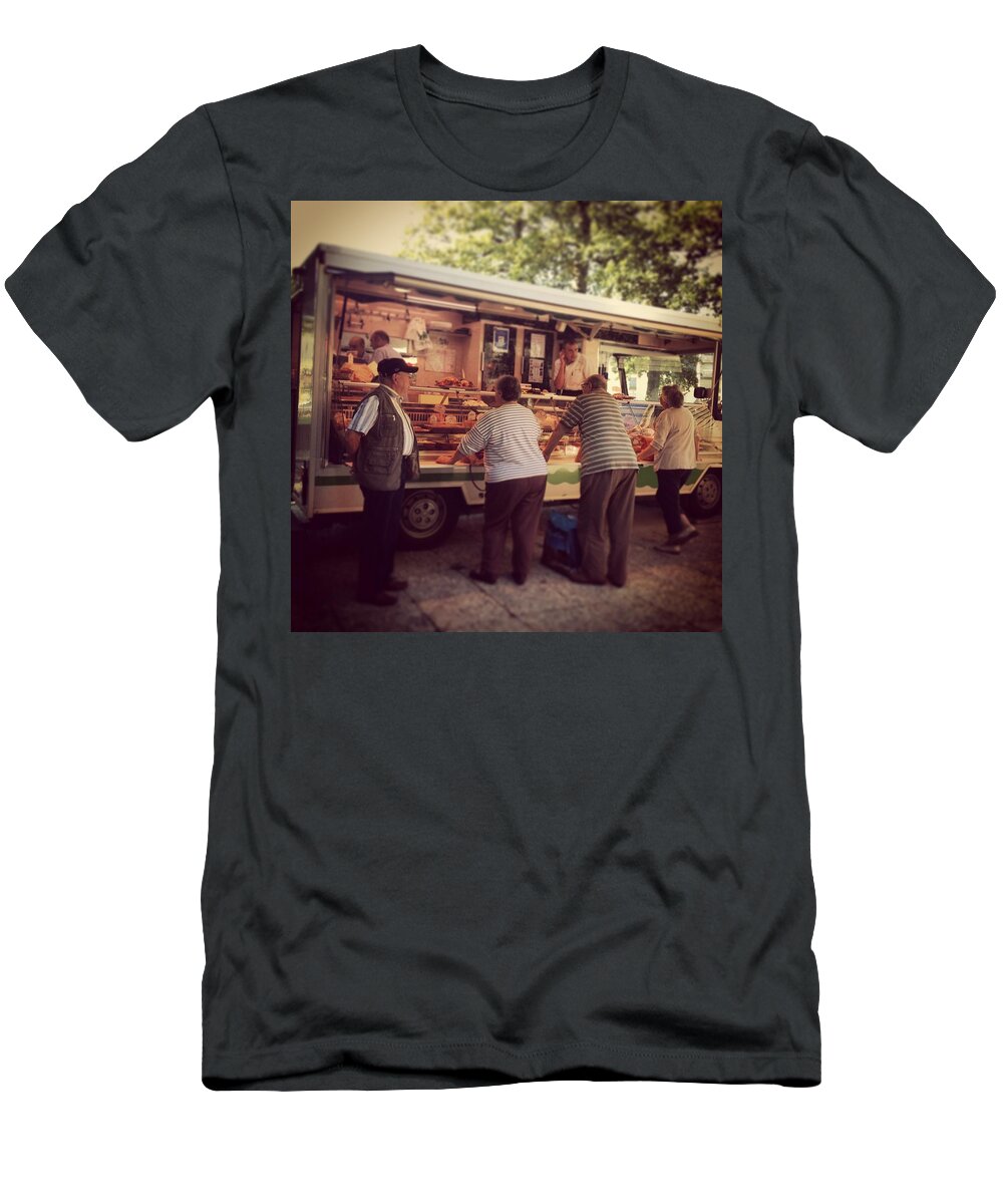 Deli T-Shirt featuring the photograph Market stall shoppers queue by Seeables Visual Arts