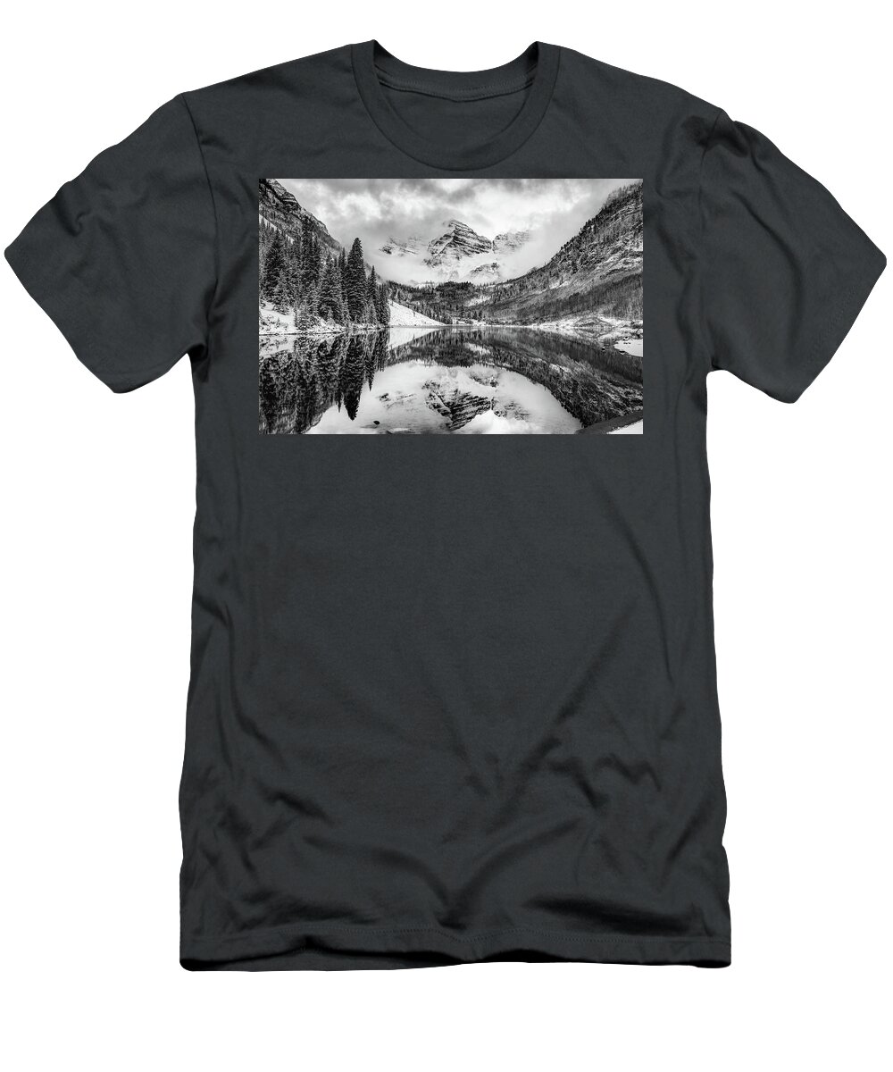 Maroon Bells T-Shirt featuring the photograph Maroon Bells Covered in Clouds - Black and White by Gregory Ballos