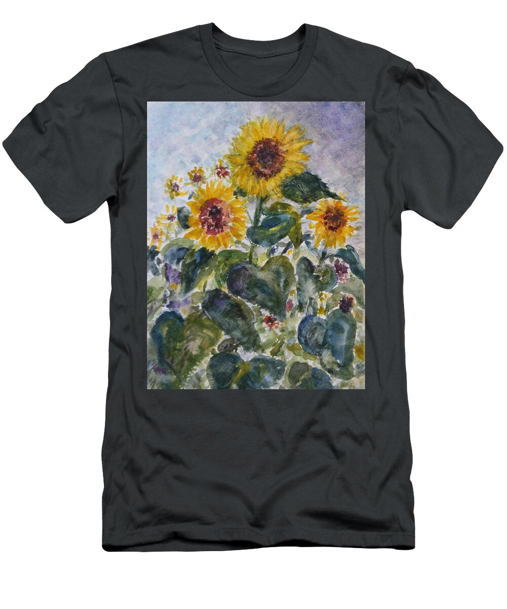 Blue T-Shirt featuring the painting Martha's Sunflowers by Quin Sweetman