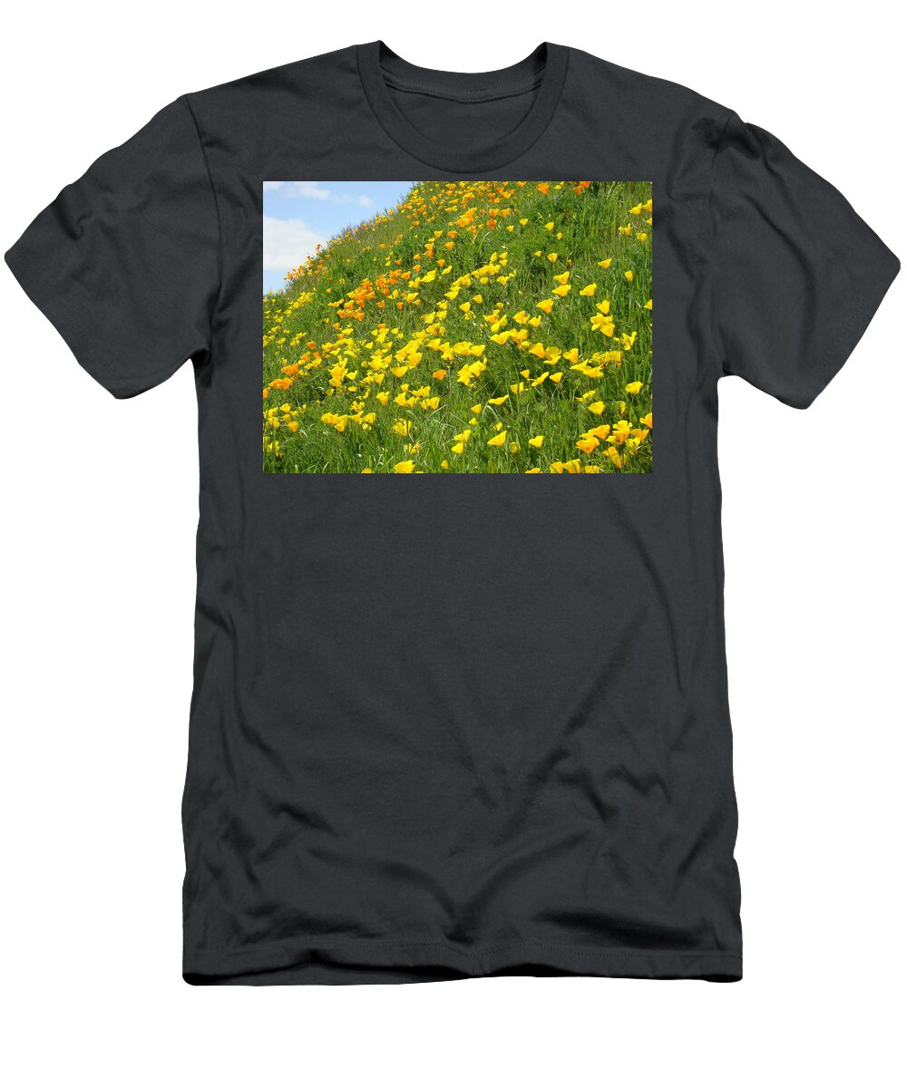 poppies Artwork T-Shirt featuring the photograph Meadow Hillside Poppy Flowers 8 Poppies Artwork Gifts by Patti Baslee