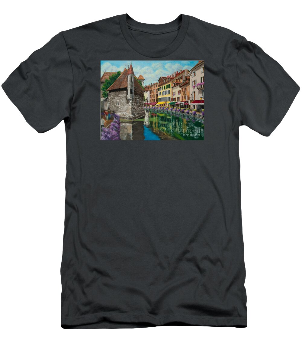 Annecy France Art T-Shirt featuring the painting Medieval Jail in Annecy by Charlotte Blanchard