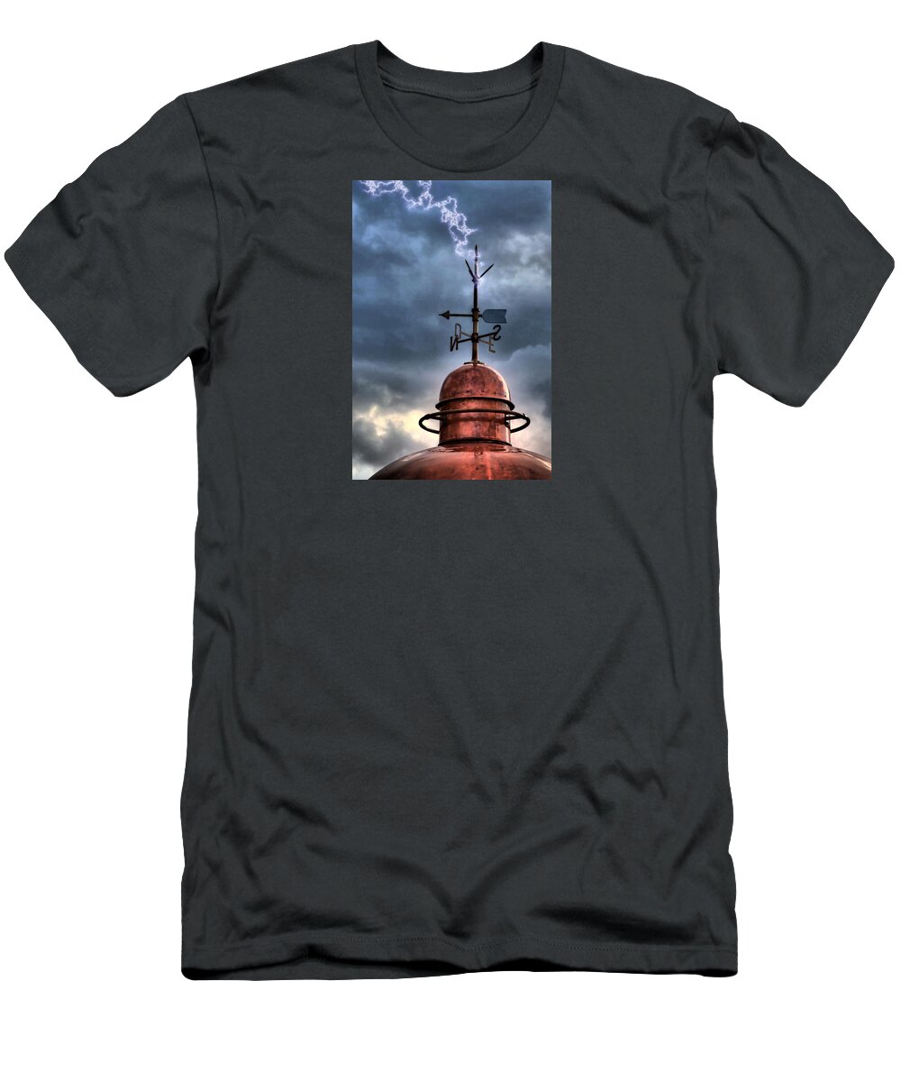 Architecture T-Shirt featuring the photograph Menorca copper lighthouse dome with lightning rod under a bluish and stormy sky and lightning effect by Pedro Cardona Llambias