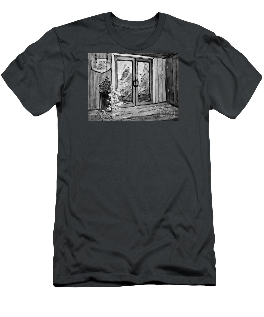 Mercier Orchard T-Shirt featuring the painting Mercier Orchard's Cider in BW by Gretchen Allen