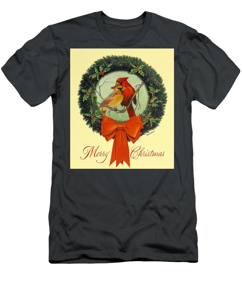 Christmas T-Shirt featuring the painting Merry Christmas Cardinals by Richard De Wolfe