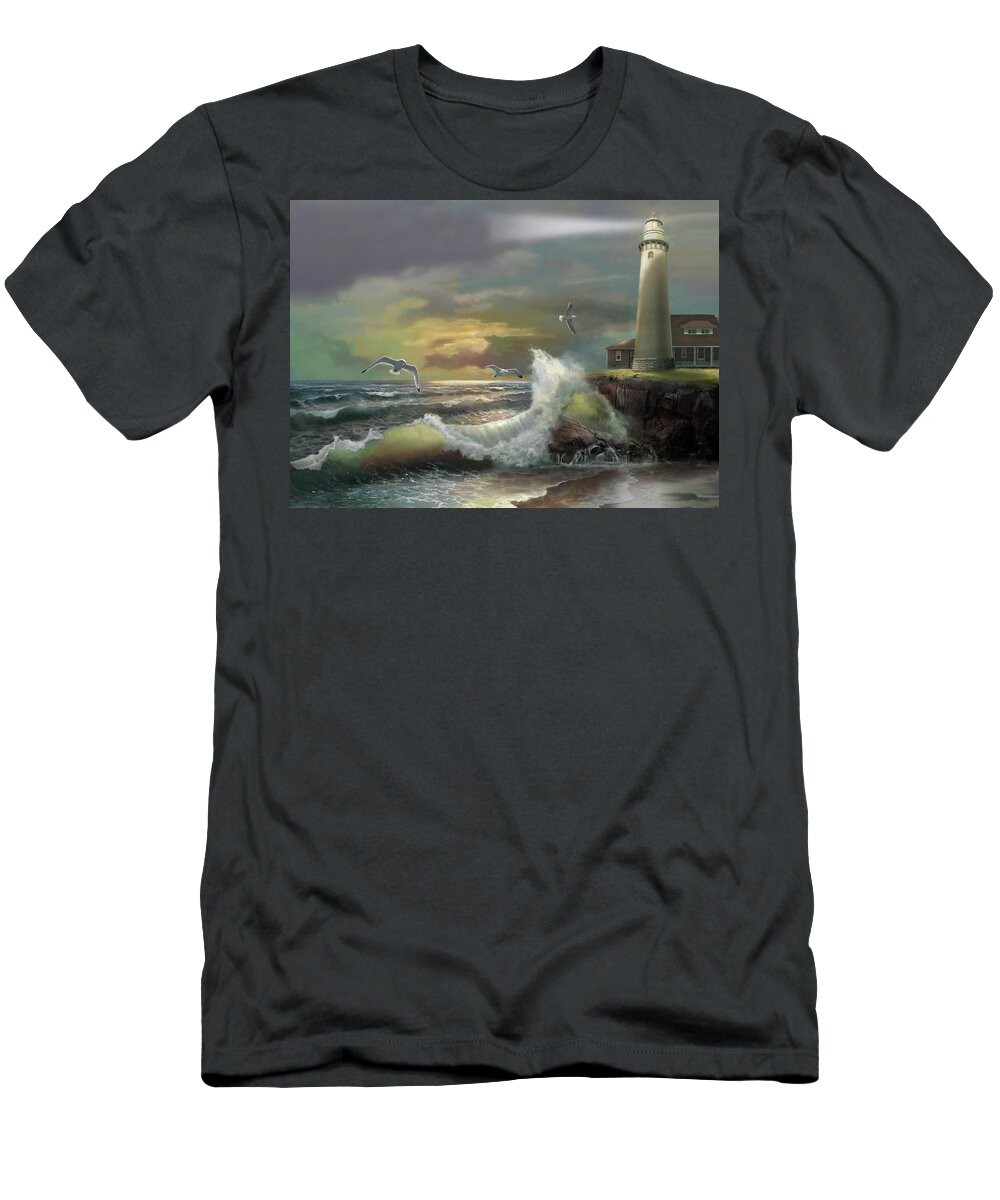  Michigan Seul Choix Point Lighthouse Art Print T-Shirt featuring the painting Michigan Seul Choix Point Lighthouse with an Angry Sea by Regina Femrite