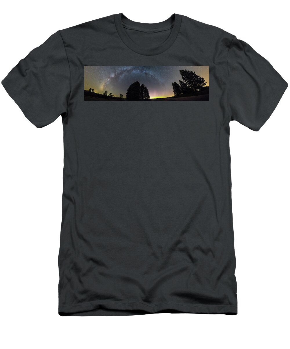 Trees T-Shirt featuring the photograph MilkyWay and NorthernLights Pano by Aaron J Groen