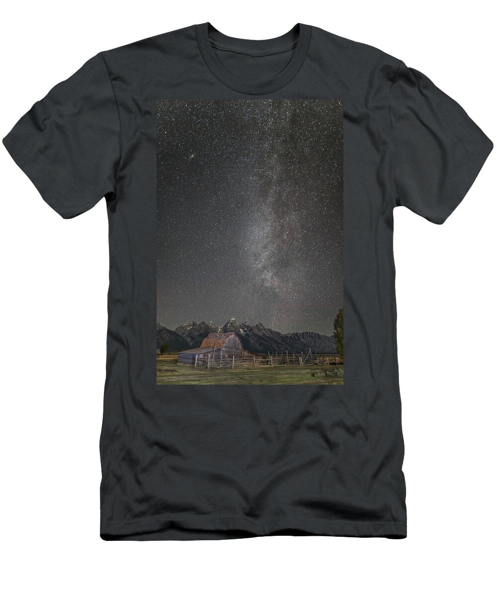 Grand Tetons T-Shirt featuring the photograph Milkyway Over the John Moulton Barn by Roman Kurywczak