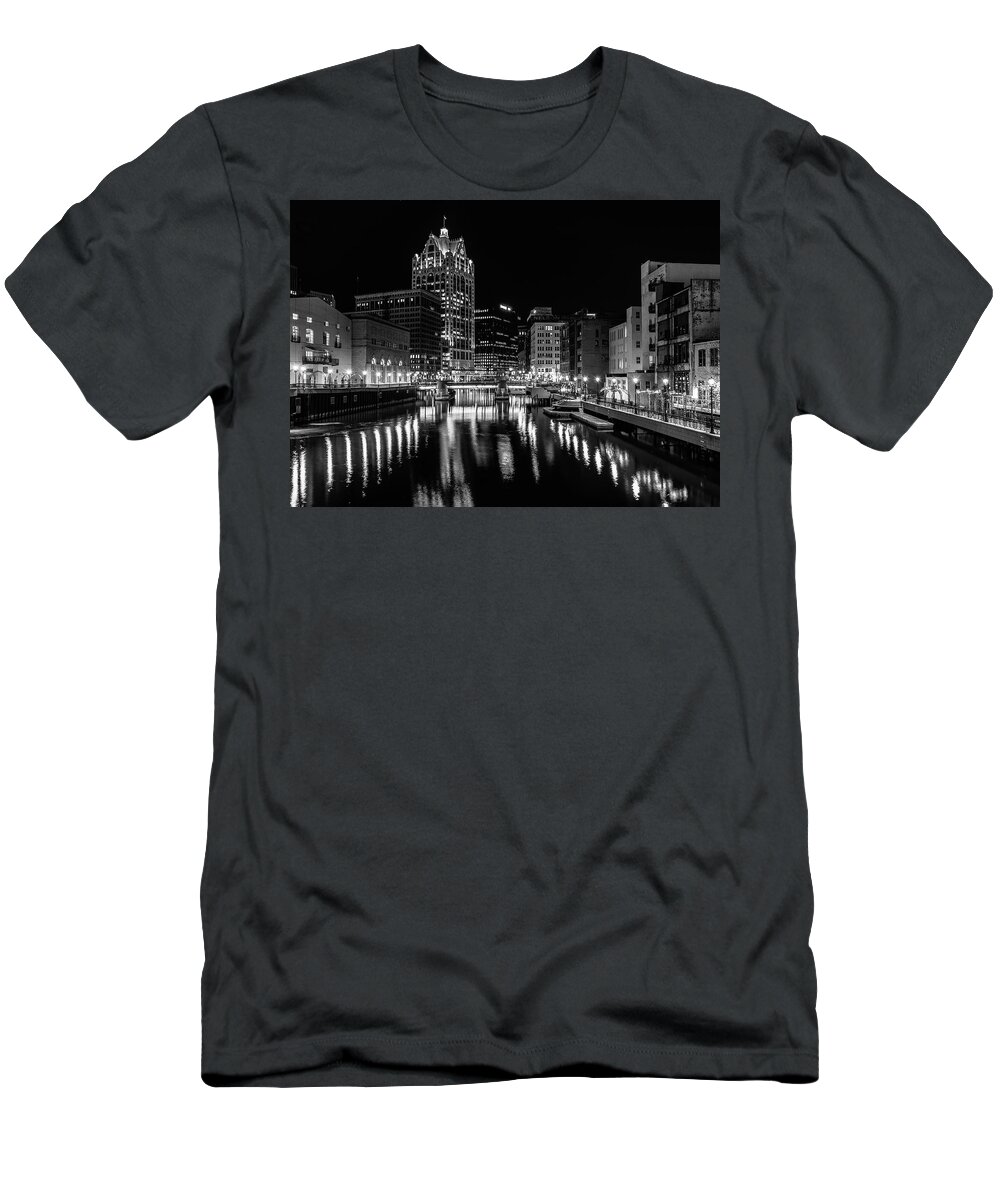 Monochrome T-Shirt featuring the photograph Milwaukee at Night by John Roach