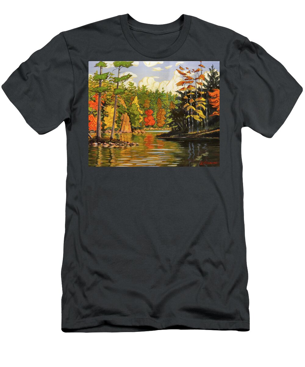 Canada T-Shirt featuring the painting Mink Lake Narrows by David Gilmore