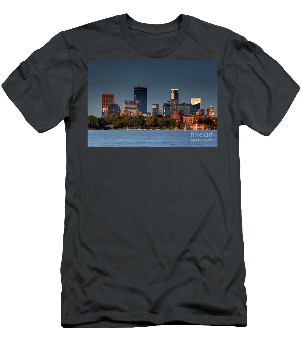 Minneapolis Skyline Painting T-Shirt featuring the photograph Minneapolis Skyline Photography Lake Calhoun Summer Evening by Wayne Moran
