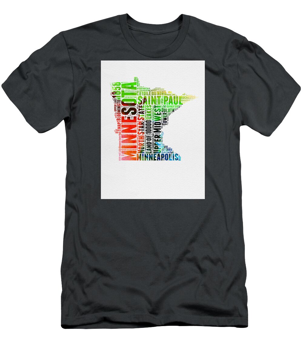 Minnesota T-Shirt featuring the digital art Minnesota Watercolor Word Cloud Map by Naxart Studio