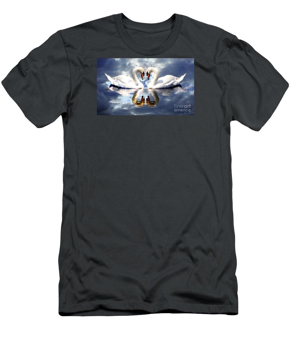 Mirrored White Swans T-Shirt featuring the photograph Mirrored White Swans with Clouds Effect by Rose Santuci-Sofranko