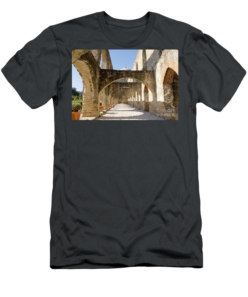 Arched Path T-Shirt featuring the photograph Mission San Jose y San Miguel de Aguayo. Path. by Elena Perelman