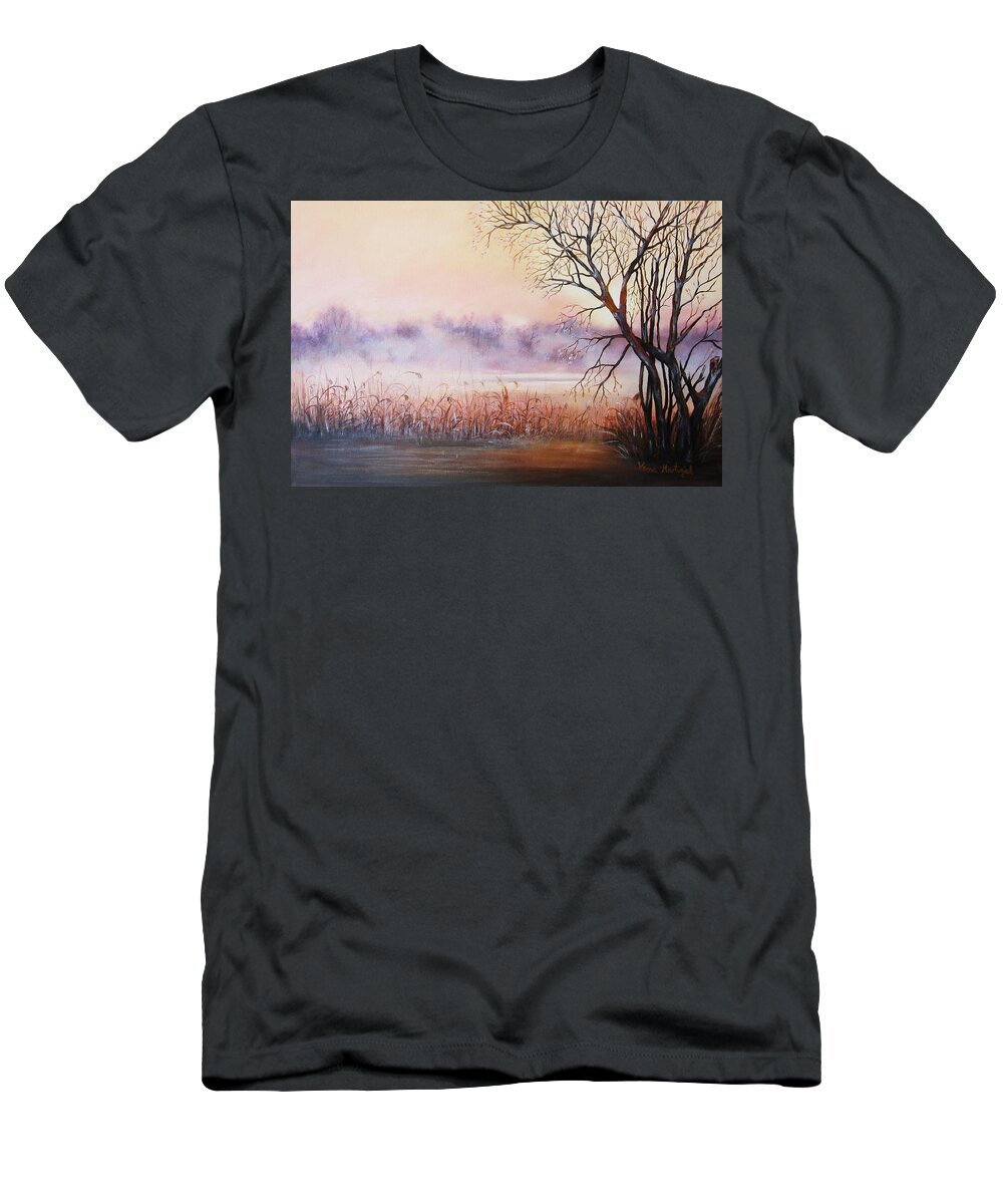 Landscape T-Shirt featuring the painting Mist On The River by Vesna Martinjak