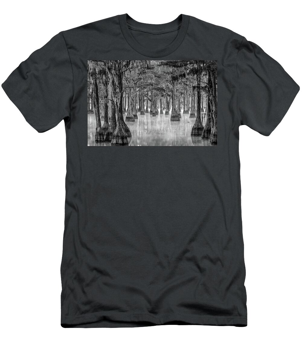 Black And White T-Shirt featuring the photograph Misty Cypress Swamp by Eric Albright