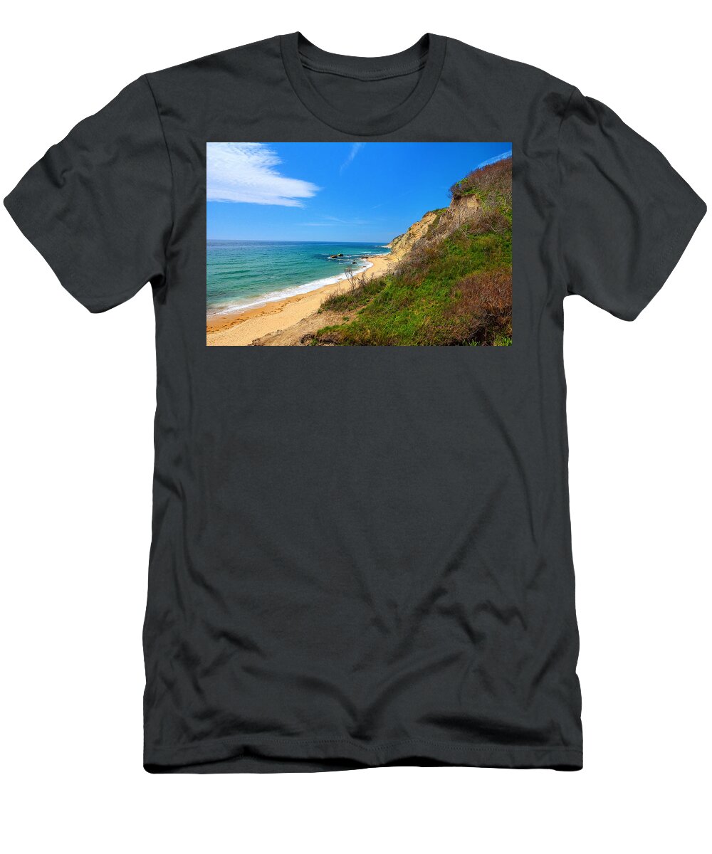 Mohegan Bluffs T-Shirt featuring the painting Mohegan Bluffs Block Island by Lourry Legarde
