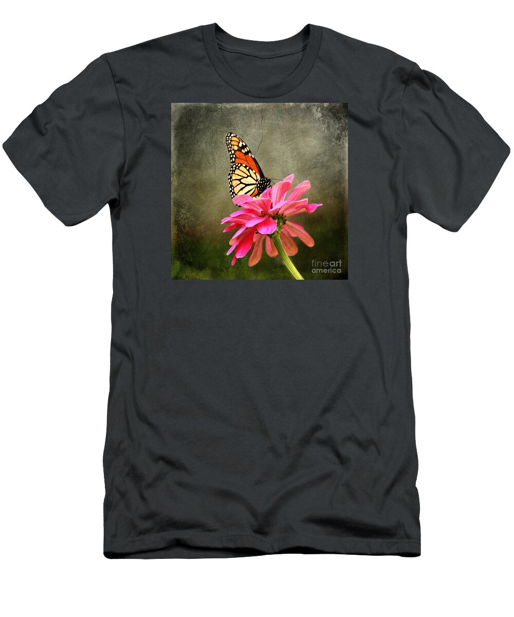 Butterfly T-Shirt featuring the photograph Monarch Butterfly and Pink Zinnia by Judy Palkimas