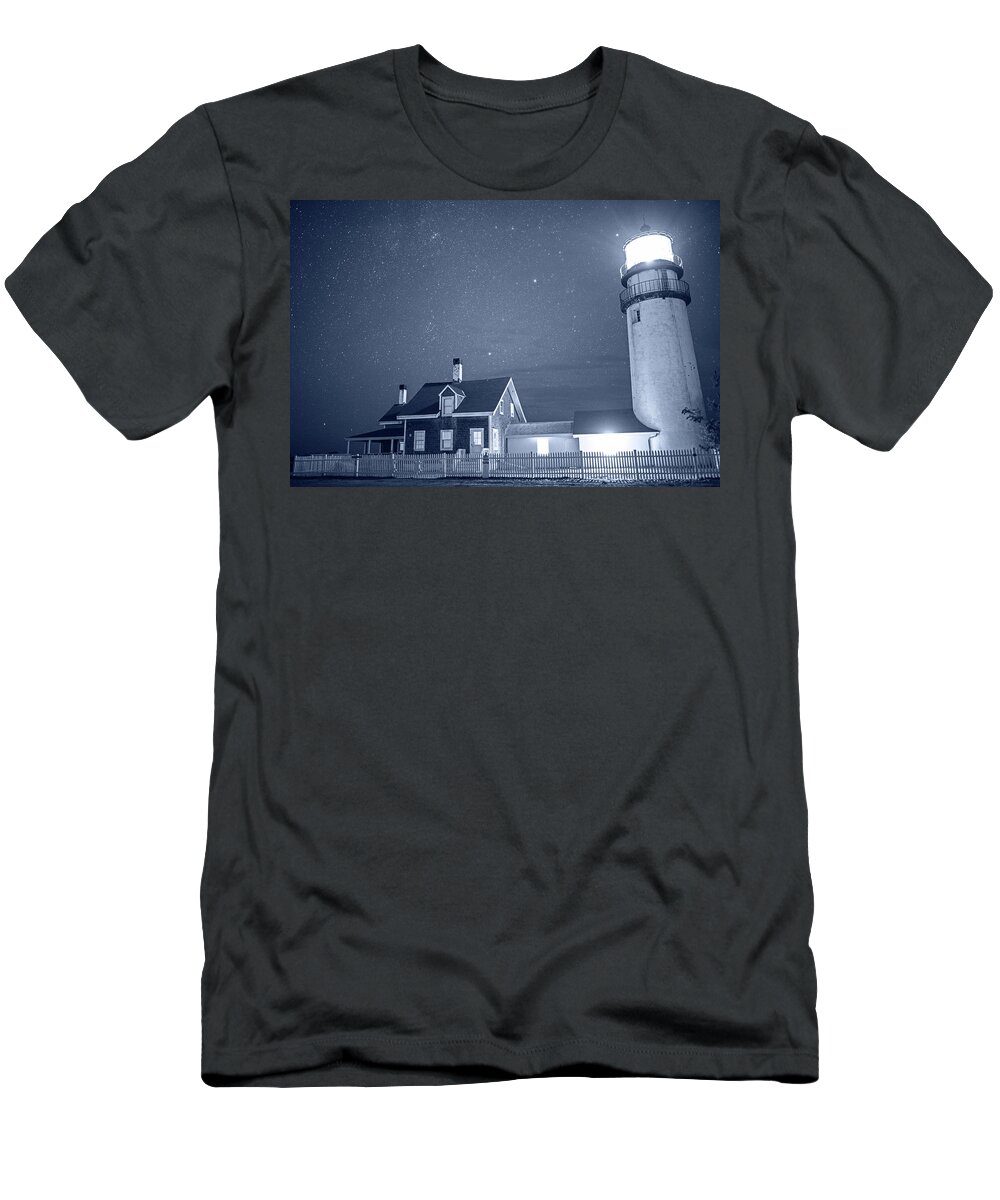 Truro T-Shirt featuring the photograph Monochrome Blue Nights Highland Light Truro Massachusetts Cape Cod Starry Sky by Toby McGuire