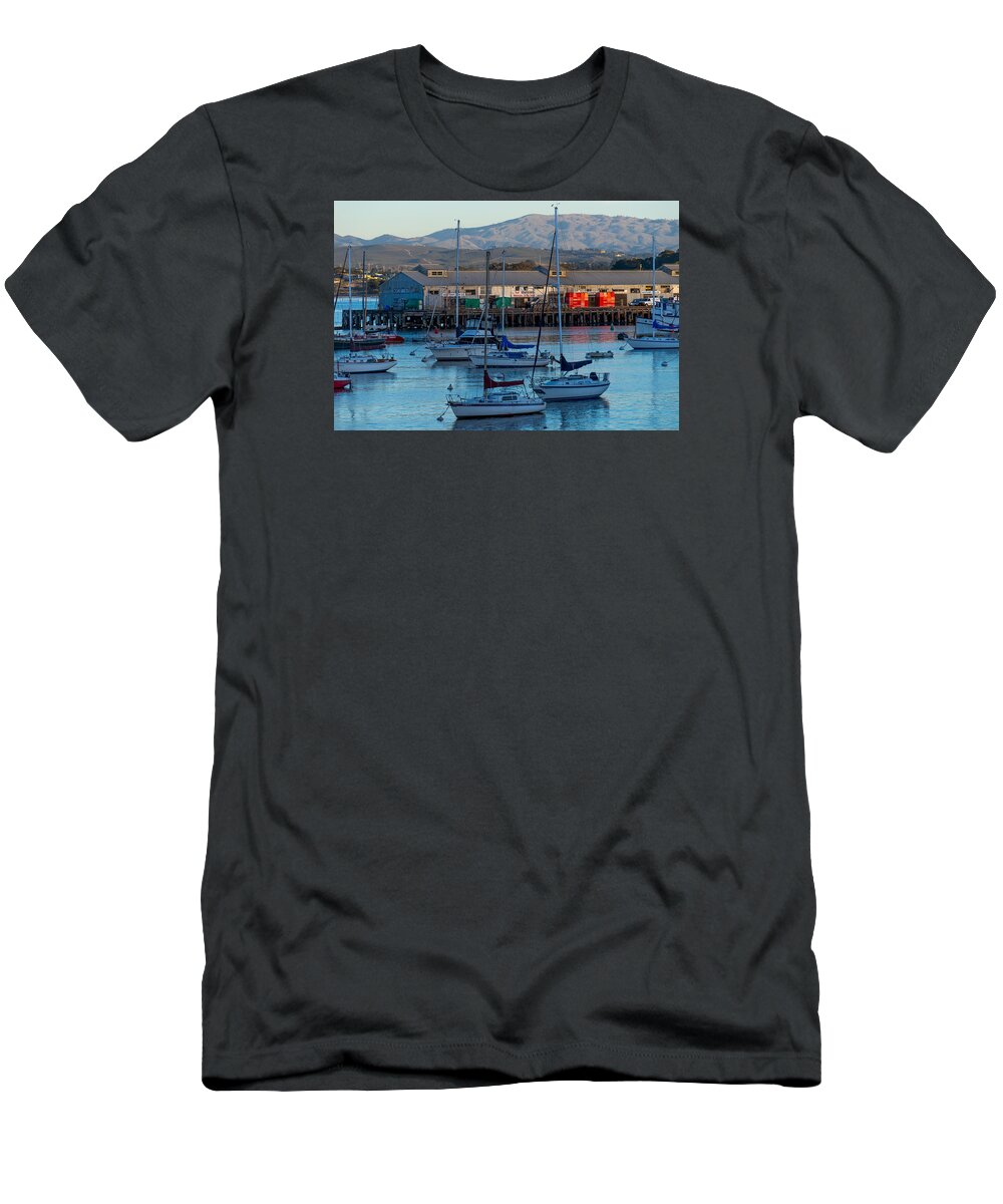 Monterey T-Shirt featuring the photograph Monterey Wharf at Sunset by Derek Dean