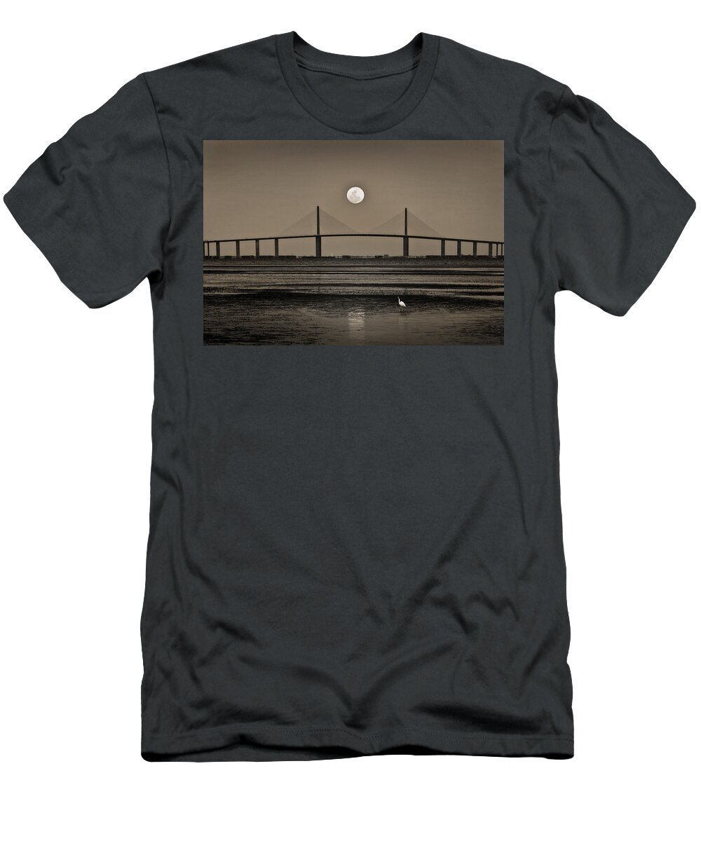 Moon T-Shirt featuring the photograph Moonrise Over Skyway Bridge by Steven Sparks