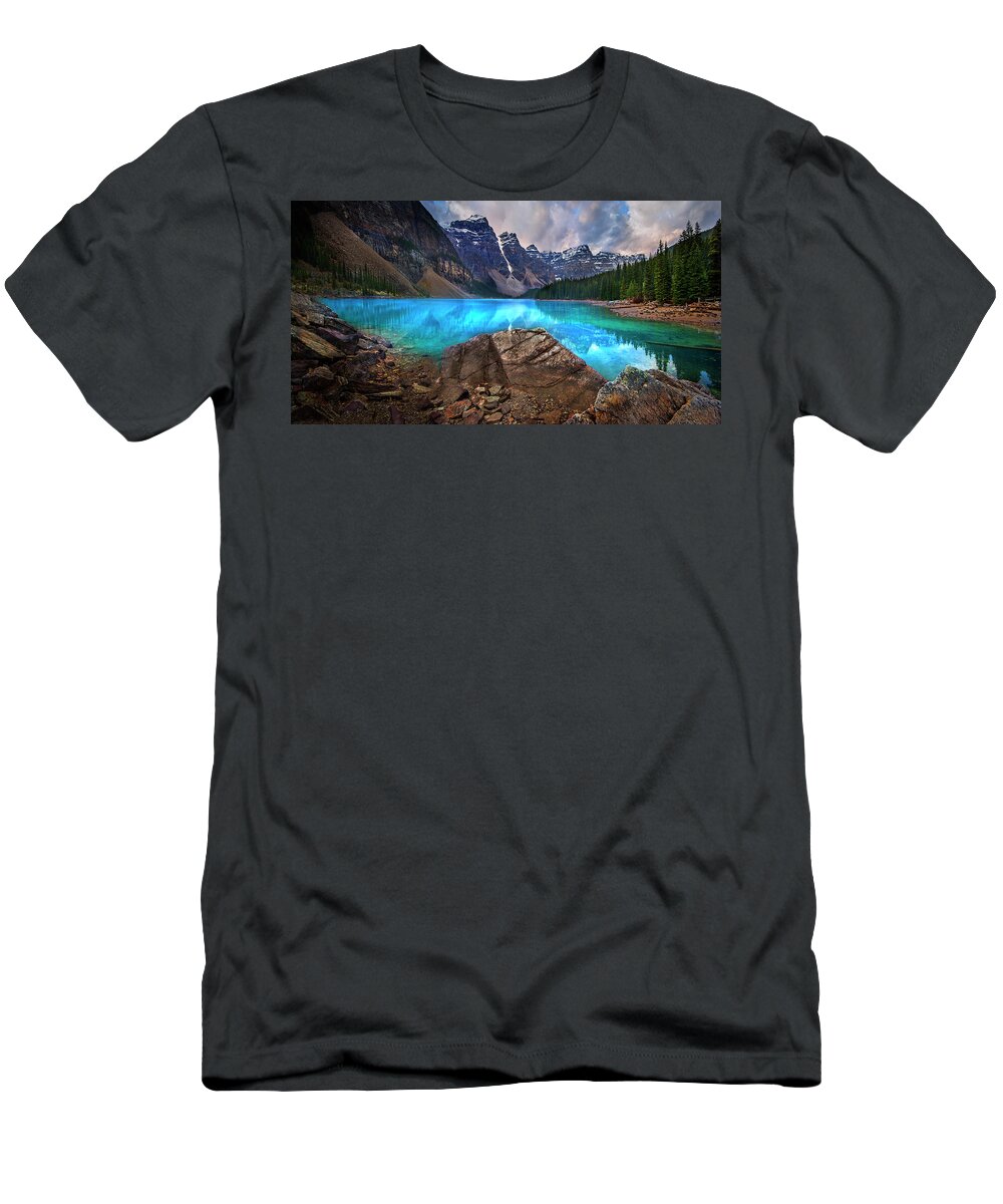 North Saskatchewan River Crossing T-Shirt featuring the photograph Moraine Lake by John Poon