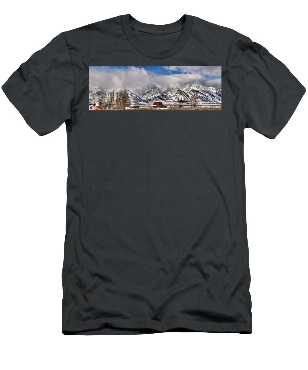 Mormon Row T-Shirt featuring the photograph Mormon Row Early Winter Panorama by Adam Jewell