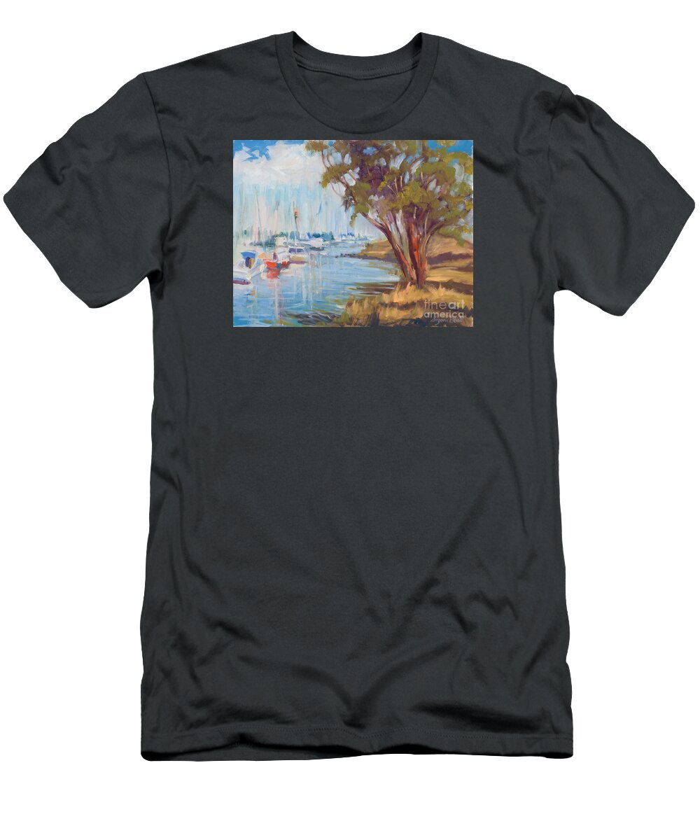 Boats In Harbor T-Shirt featuring the painting Moss Landing Harbor by Suzanne Elliott