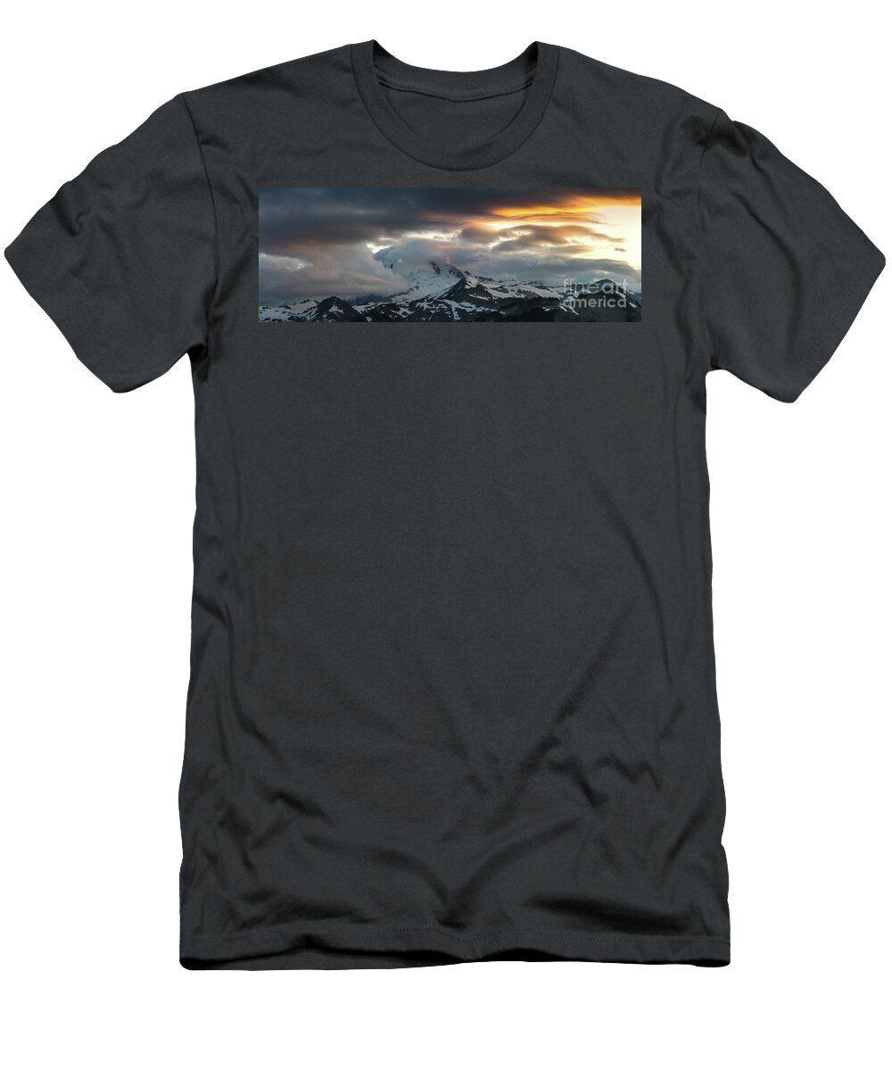 Mount Baker T-Shirt featuring the photograph Mount Baker Sunset Cloudscape Drama Panorama by Mike Reid