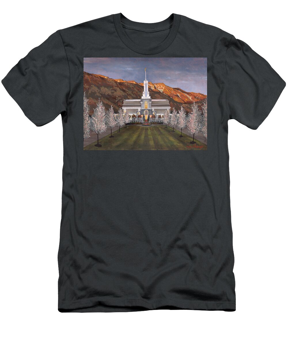 Temple T-Shirt featuring the painting Mount Timpanogos Temple by Jeff Brimley