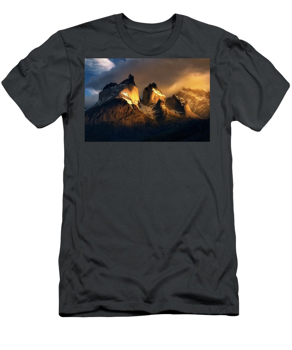 Paine Massif T-Shirt featuring the photograph Mountain Golden Glow by Nicki Frates