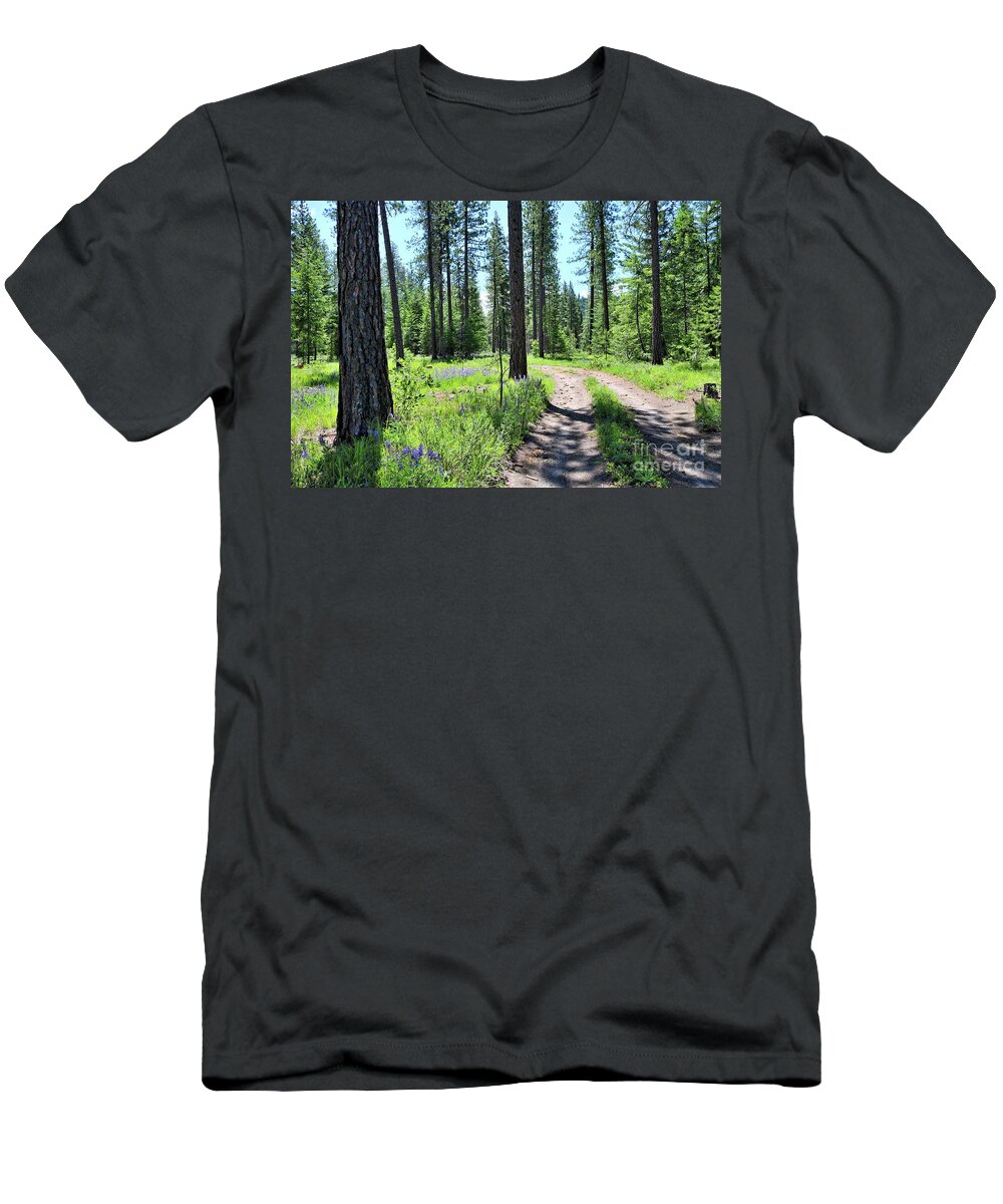 Forest T-Shirt featuring the photograph Mountain Road with Lupine by Carol Groenen
