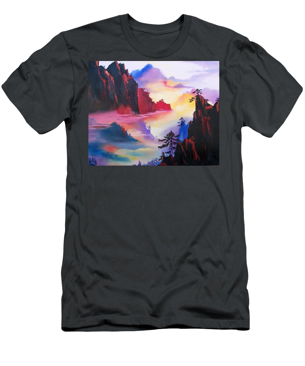 Tranquil T-Shirt featuring the painting Mountain Top Sunrise by Sharon Duguay