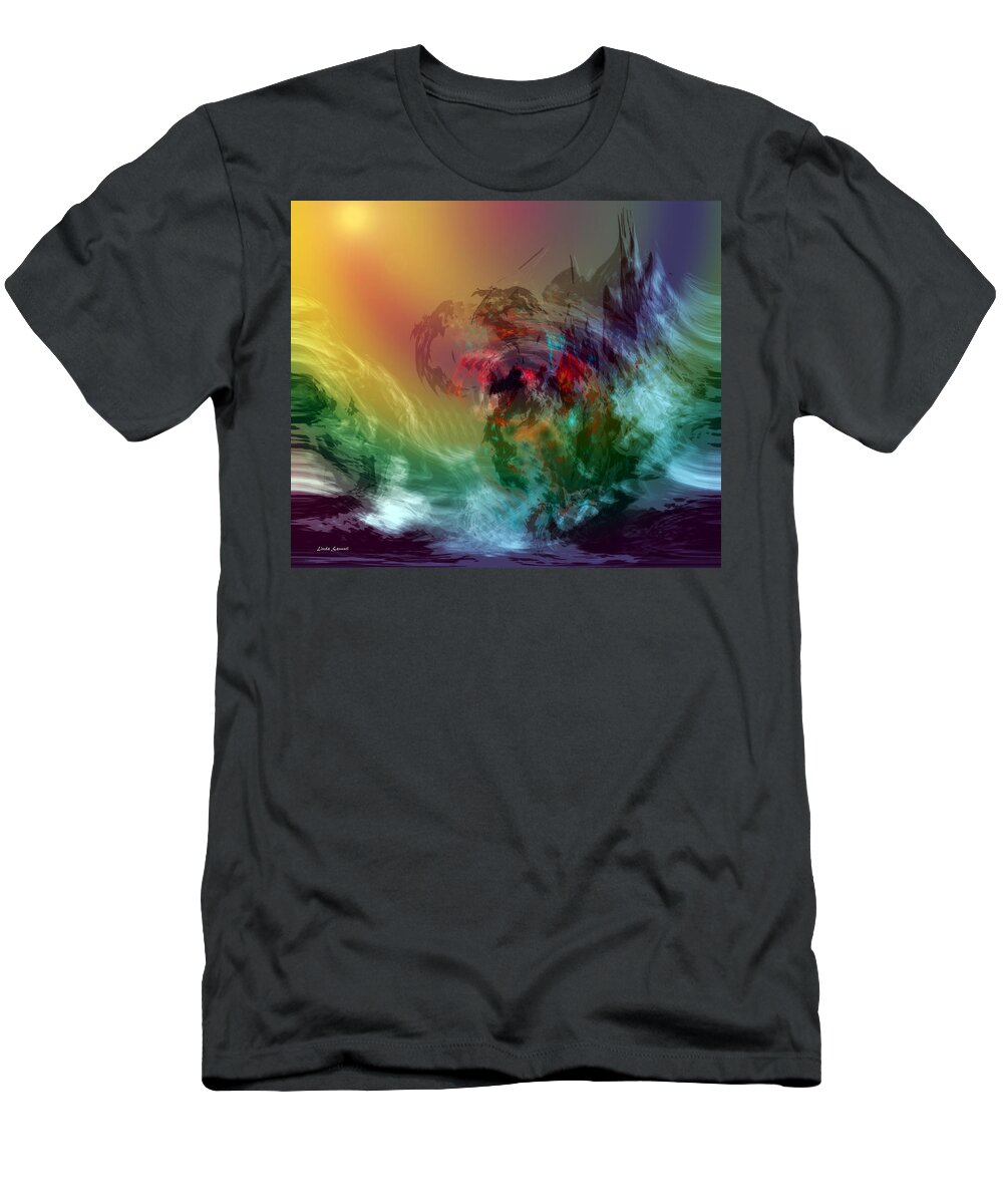 Sea Art T-Shirt featuring the digital art Mountains crumble to the Sea by Linda Sannuti