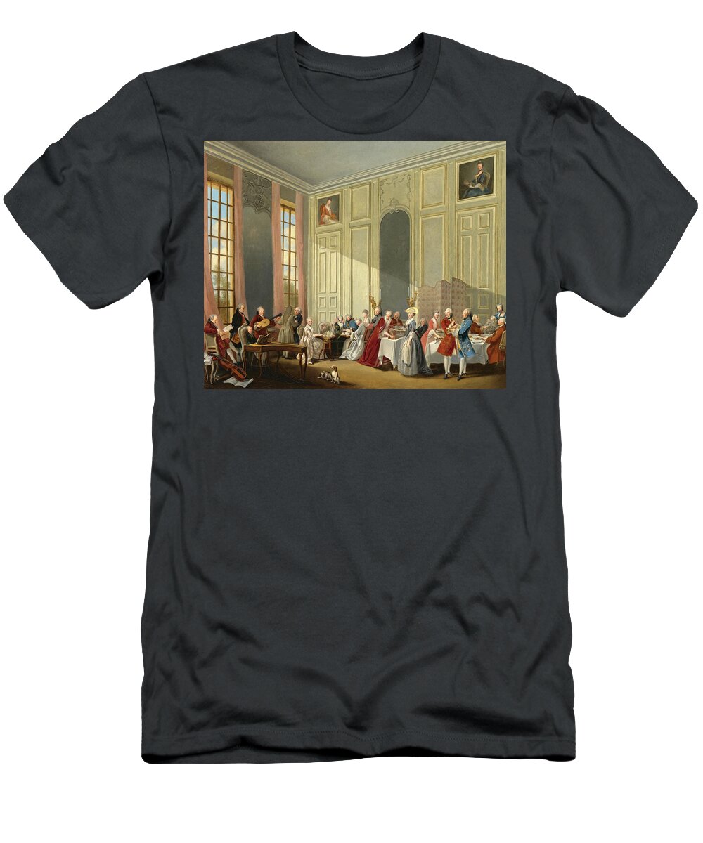 Michel-barthelemy Ollivier T-Shirt featuring the painting Mozart Giving A Concert In The Salon Des Quatre-Glaces Au Palais Dutemple by Michel-Barthelemy Ollivier