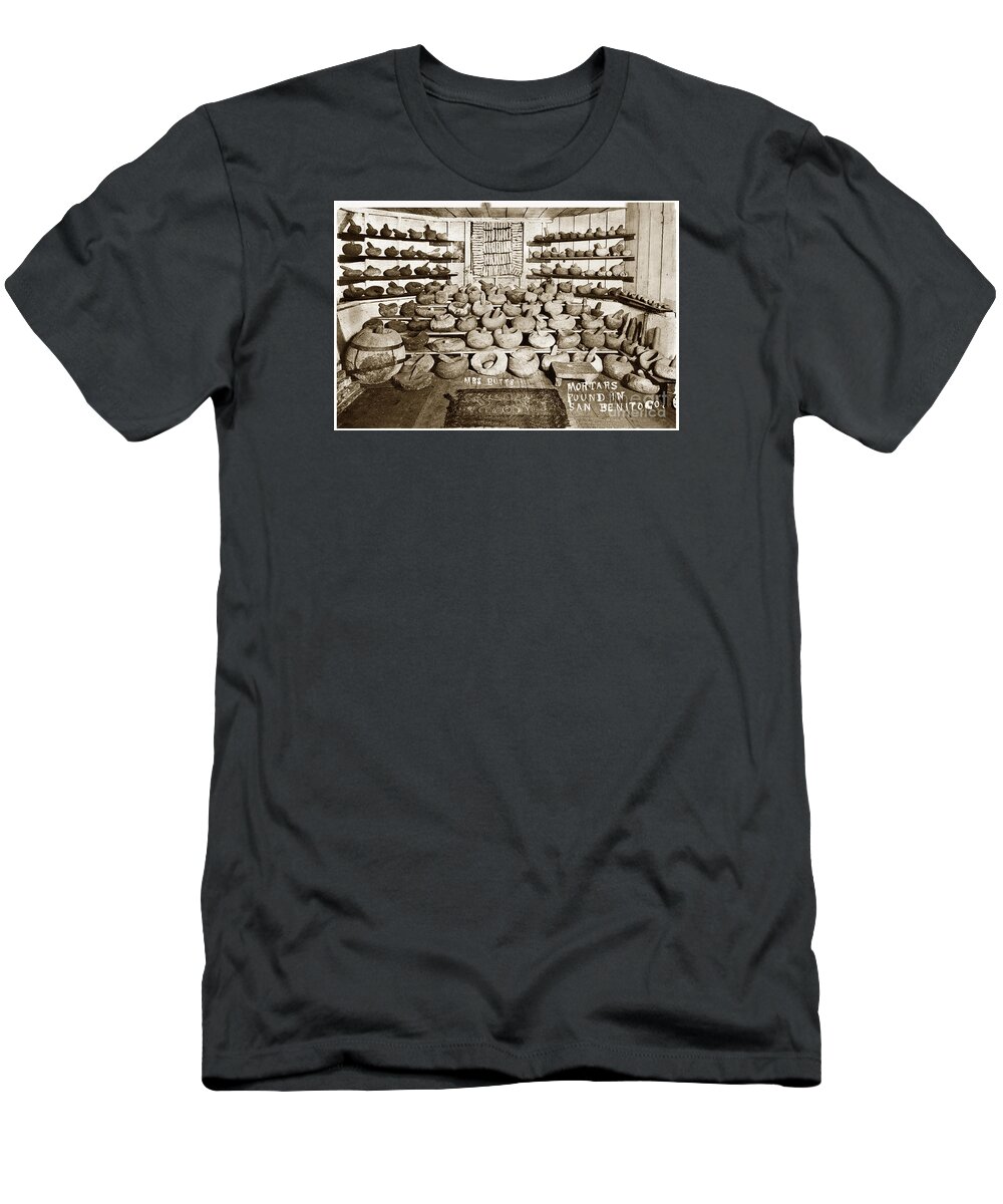 Mrs Butts T-Shirt featuring the photograph Mrs. Butts mortar and pestle Collection found in San Benito Co. 1915 by Monterey County Historical Society