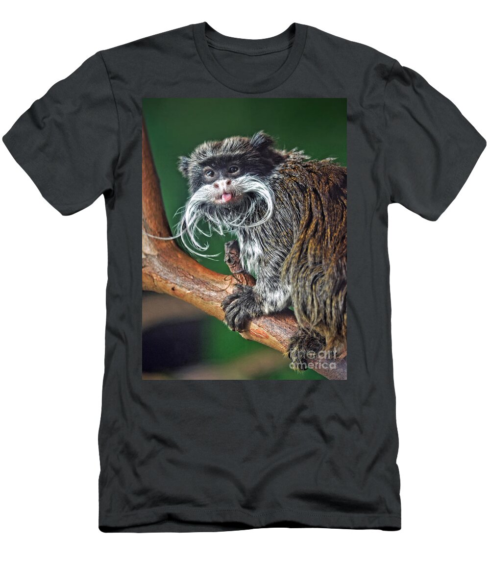 Mustached Monkey T-Shirt featuring the photograph Mustached Monkey Emperor Tamarin Sticking His Tongue Out At Me by Jim Fitzpatrick