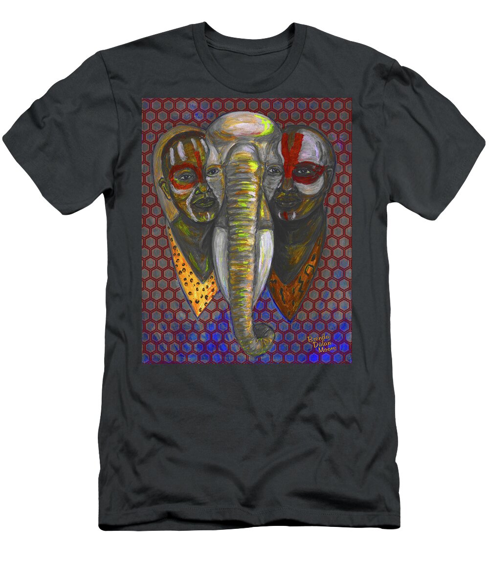 Illuminating Elephant Animal Male Boy Girl Unique Different Female Chocolate Red White Yellow Gold Spiritual Optical Illusion Blue T-Shirt featuring the painting Mutation by Brenda Dulan Moore