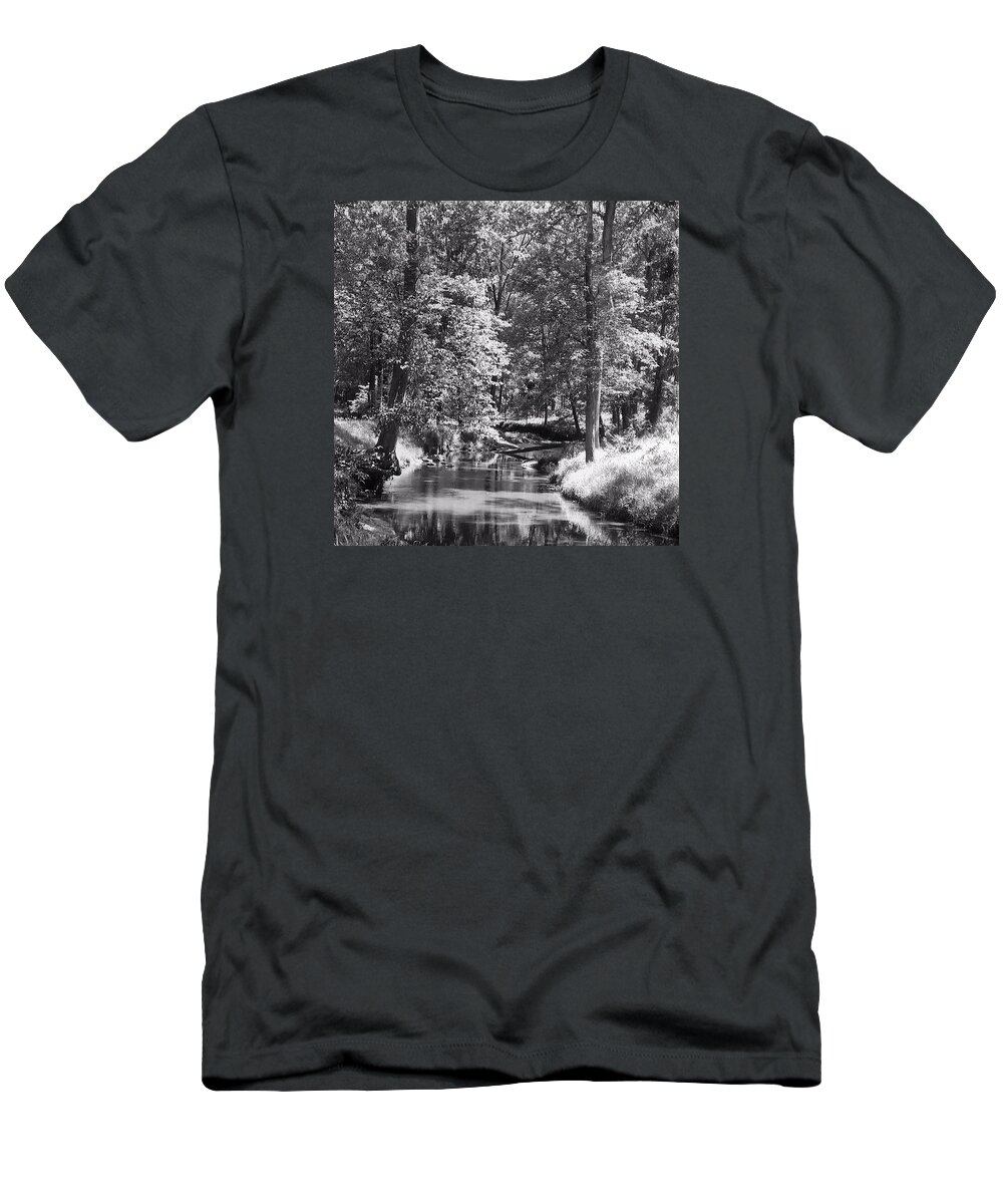 Great Seneca Creek T-Shirt featuring the photograph Nadine's Creek in Black and White by Kathy Kelly